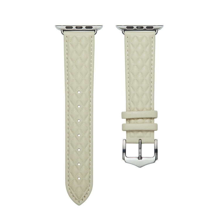 Diamond Lattice Genuine Leather Watch Band for Apple Watch Ultra 49mm / Series 8&7 45mm / SE 2&6&SE&5&4 44mm / 3&2&1 42mm(Beige) by bashfashion