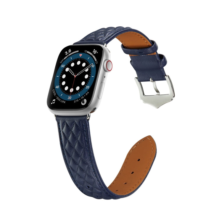 Diamond Lattice Genuine Leather Watch Band for Apple Watch Ultra 49mm / Series 8&7 45mm / SE 2&6&SE&5&4 44mm / 3&2&1 42mm(Dark Blue) by bashfashion