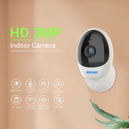 ESCAM QF006 3MP 1296P HD Indoor Wireless PTZ IP Camera IR Night Vision AI Humanoid Detection Home Security CCTV Monitor, Plug Type:UK Plug(White) by ESCAM