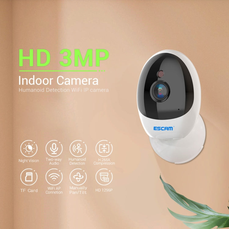 ESCAM QF006 3MP 1296P HD Indoor Wireless PTZ IP Camera IR Night Vision AI Humanoid Detection Home Security CCTV Monitor, Plug Type:US Plug(White) by ESCAM