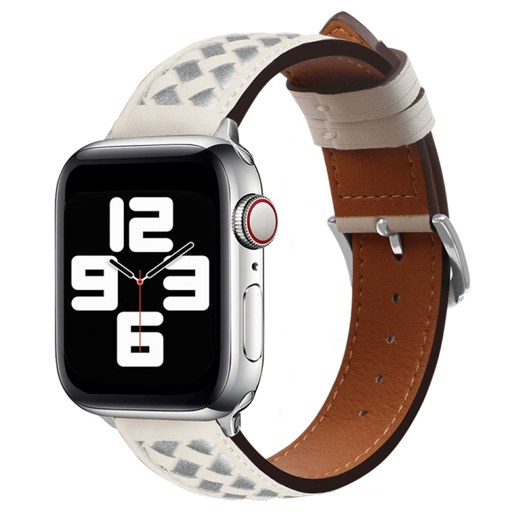 Braided Genuine Leather Watch Band for Apple Watch Ultra 49mm&Watch Ultra 2 49mm / Series 9&8&7 45mm / SE 3&SE 2&6&SE&5&4 44mm / 3&2&1 42mm(Beige+Silver) by bashfashion