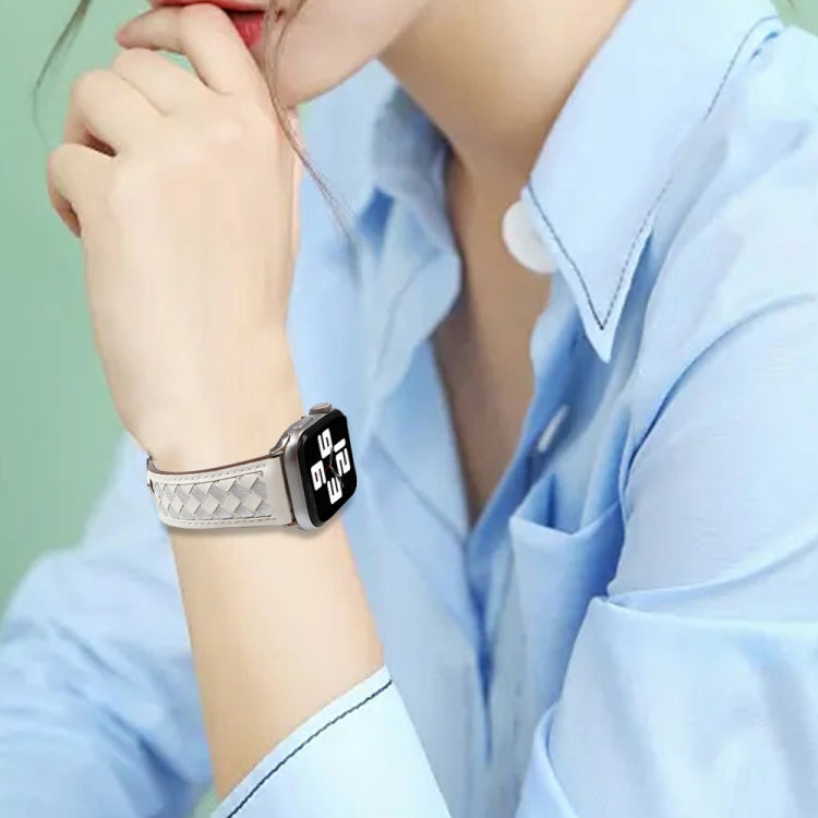 Braided Genuine Leather Watch Band for Apple Watch Ultra 49mm&Watch Ultra 2 49mm / Series 9&8&7 45mm / SE 3&SE 2&6&SE&5&4 44mm / 3&2&1 42mm(Beige+Silver) by bashfashion