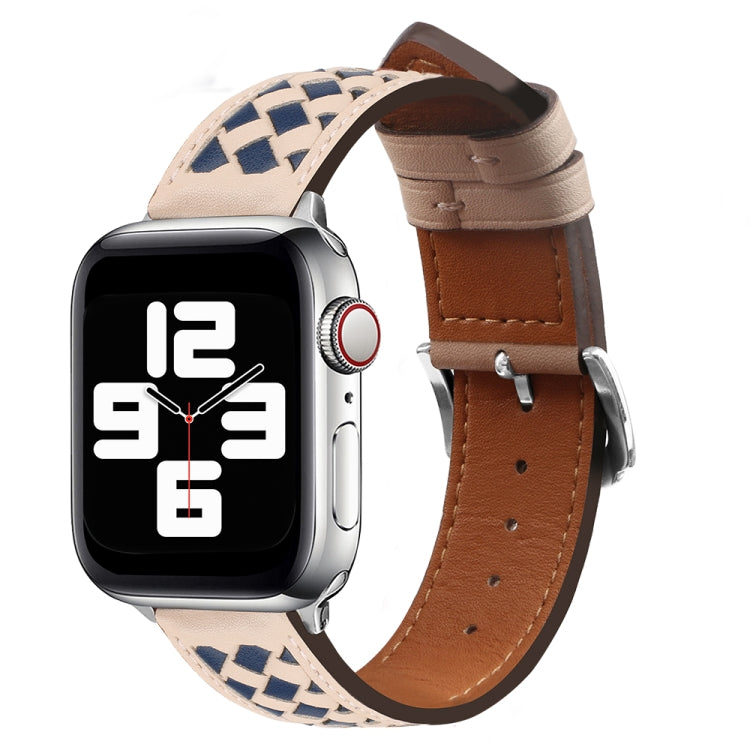 Braided Genuine Leather Watch Band for Apple Watch Ultra 49mm&Watch Ultra 2 49mm / Series 9&8&7 45mm / SE 3&SE 2&6&SE&5&4 44mm / 3&2&1 42mm(Apricot+Blue) by bashfashion