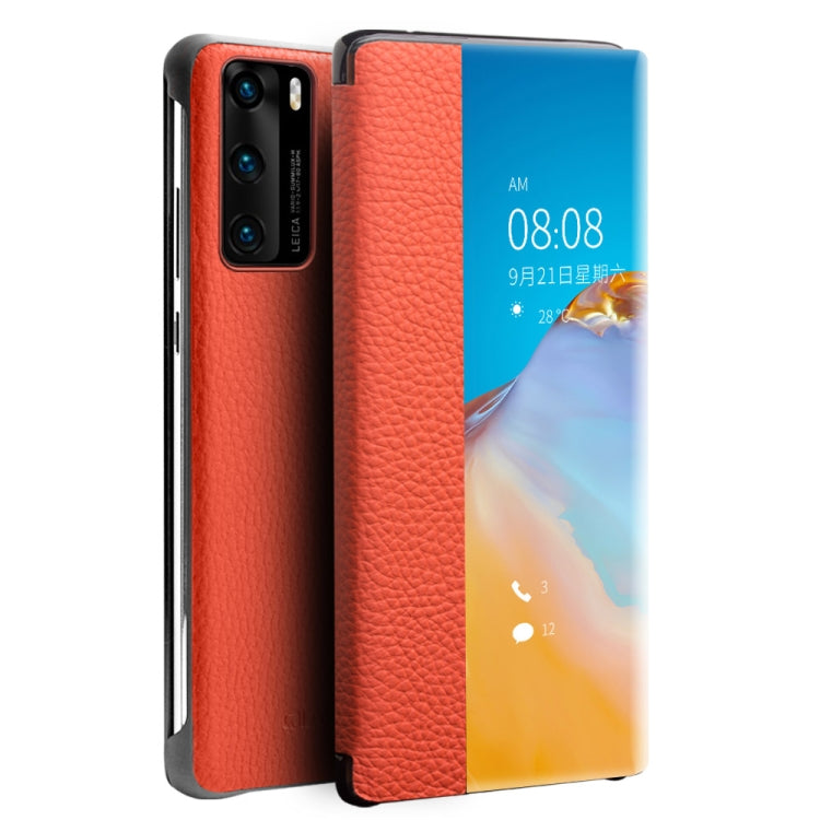 For Huawei P40 Pro QIALINO Litchi Texture Side Window View Leather Phone Case(Orange) by QIALINO