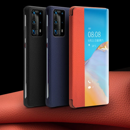 For Huawei P40 Pro QIALINO Litchi Texture Side Window View Leather Phone Case(Orange) by QIALINO