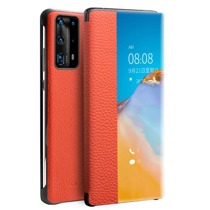 For Huawei P40 QIALINO Litchi Texture Side Window View Leather Phone Case(Orange) by QIALINO