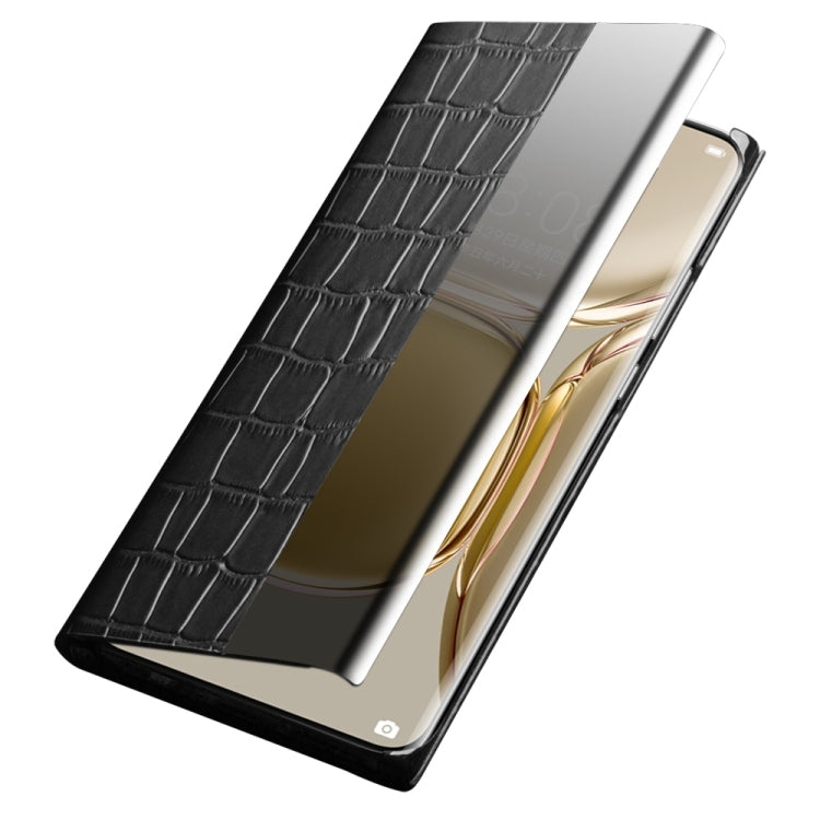 For Huawei P50 Pro QIALINO Crocodile Pattern Side Window View Genuine Leather Phone Case(Black) by QIALINO