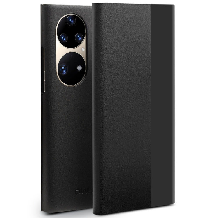 For Huawei P50 QIALINO Magnetic Side Window View Genuine Leather Smart Phone Case(Black) by QIALINO