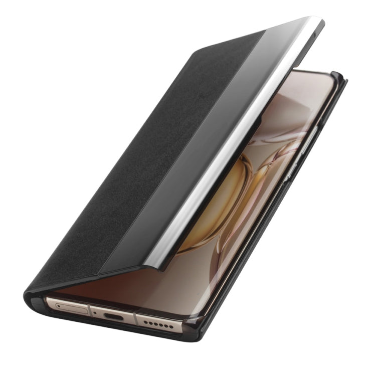 For Huawei P50 Pro QIALINO Magnetic Side Window View Genuine Leather Smart Phone Case(Black) by QIALINO