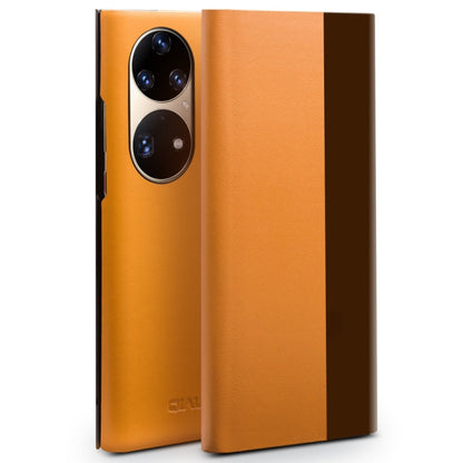 For Huawei P50 Pro QIALINO Magnetic Side Window View Genuine Leather Smart Phone Case(Orange) by QIALINO