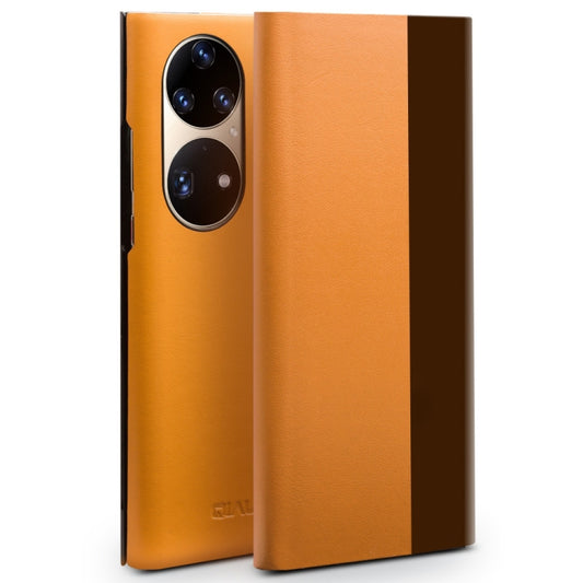 For Huawei P50 Pro QIALINO Magnetic Side Window View Genuine Leather Smart Phone Case(Orange) by QIALINO