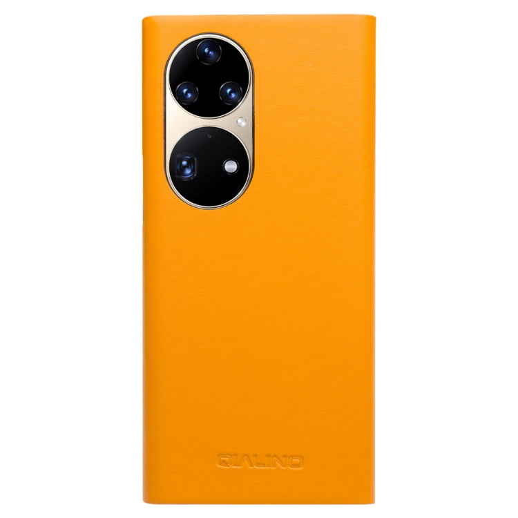 For Huawei P50 Pro QIALINO Magnetic Side Window View Genuine Leather Smart Phone Case(Orange) by QIALINO