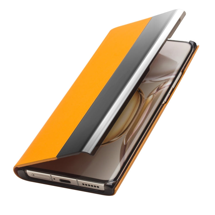 For Huawei P50 Pro QIALINO Magnetic Side Window View Genuine Leather Smart Phone Case(Orange) by QIALINO