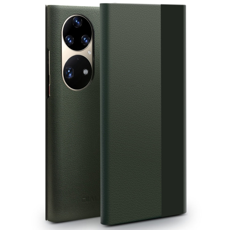 For Huawei P50 Pro QIALINO Magnetic Side Window View Genuine Leather Smart Phone Case(Green) by QIALINO