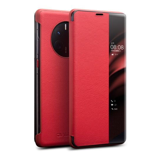 For Huawei Mate 50 Pro QIALINO Genuine Leather Side Window View Smart Phone Case(Red) by QIALINO