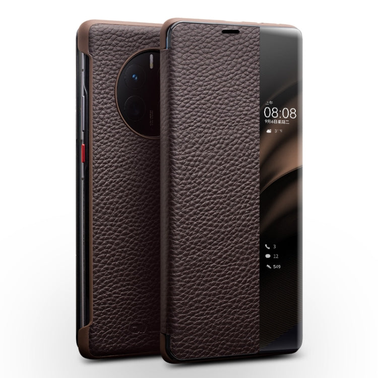 For Huawei Mate 50 Pro QIALINO Genuine Leather Side Window View Smart Phone Case(Brown) by QIALINO