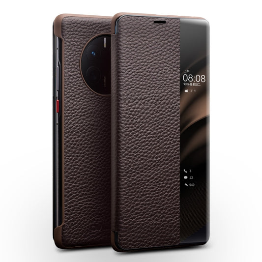 For Huawei Mate 50 Pro QIALINO Genuine Leather Side Window View Smart Phone Case(Brown) by QIALINO
