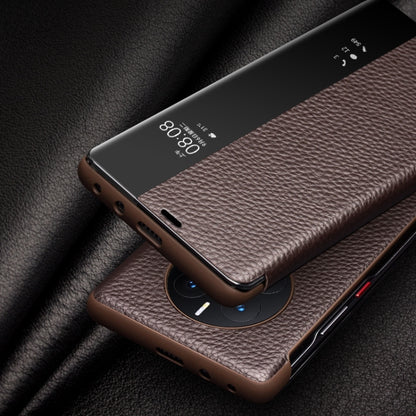 For Huawei Mate 50 Pro QIALINO Genuine Leather Side Window View Smart Phone Case(Brown) by QIALINO