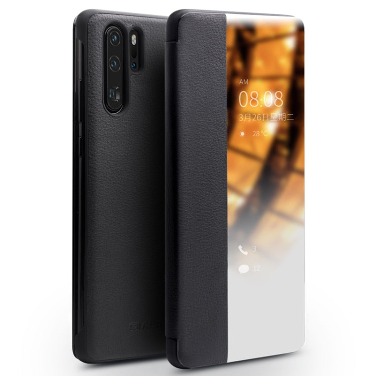 For Huawei P30 Pro QIALINO Genuine Leather Side Window View Smart Phone Case(Black) by QIALINO