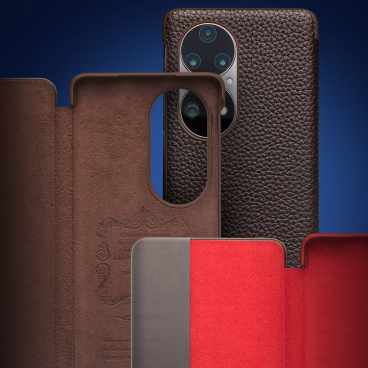 For Huawei P50 Pro QIALINO Genuine Leather Side Window View Smart Phone Case(Black) by QIALINO