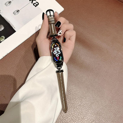 For Xiaomi Mi Band 7 D-shaped Steel + Genuine Leather Watch Band(Black Brown) by bashfashion