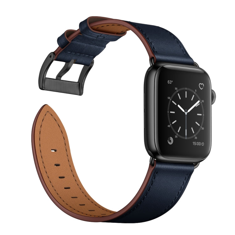 Classic Cowhide Genuine Leather Watch Band For Apple Watch Series 8&7 41mm / SE 2&6&SE&5&4 40mm / 3&2&1 38mm(Dark Blue) by bashfashion
