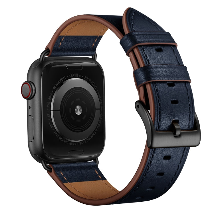 Classic Cowhide Genuine Leather Watch Band For Apple Watch Series 8&7 41mm / SE 2&6&SE&5&4 40mm / 3&2&1 38mm(Dark Blue) by bashfashion