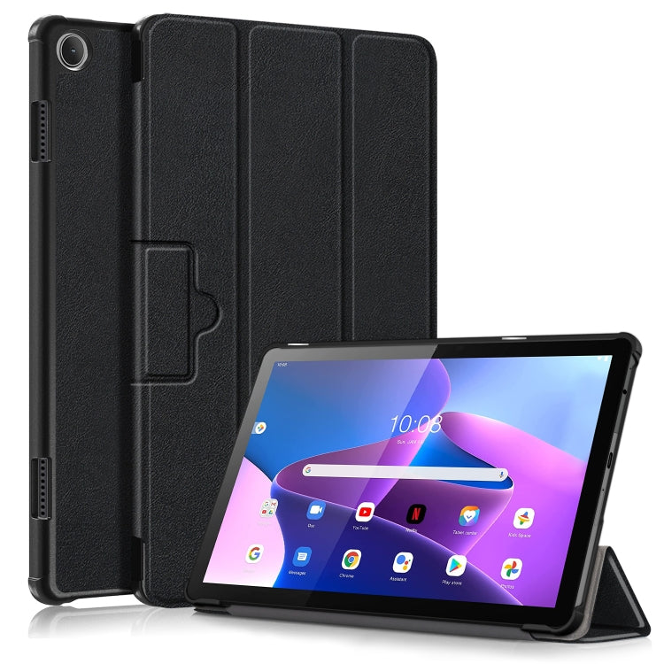 For Lenovo Tab M10 10.1 3rd Gen 3-folding Magnetic Buckle Custer Texture Leather Smart Tablet Case(Black) by bashfashion
