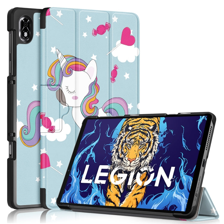 For Lenovo Legion Y700 3-folding Magnetic Buckle Coloured Drawing Leather Smart Tablet Case(Rainbow Unicorn) by bashfashion