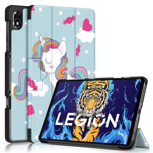 For Lenovo Legion Y700 3-folding Magnetic Buckle Coloured Drawing Leather Smart Tablet Case(Rainbow Unicorn) by bashfashion