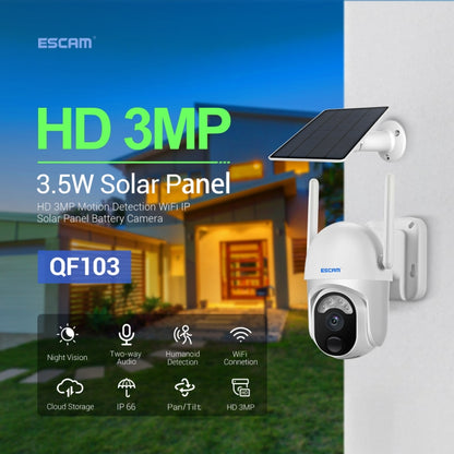 ESCAM QF103 3MP Cloud Storage PT WIFI PIR Alarm IP Camera with Solar Panel Battery Support Full Color Night Vision & Two Way Audio by ESCAM