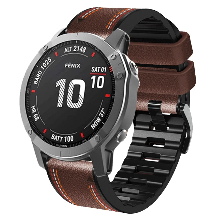 For Garmin Fenix 7 Tricolor Stitching Silicone Leather Watch Band(Coffee) by bashfashion