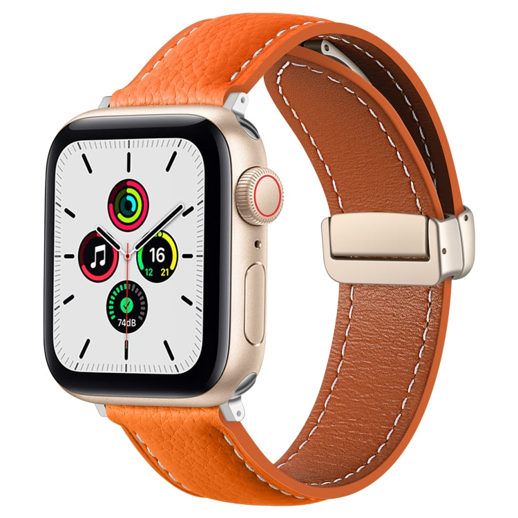 Folding Buckle Genuine Leather Watch Band for Apple Watch Ultra 49mm / Series 8&7 45mm / SE 2&6&SE&5&4 44mm / 3&2&1 42mm(Orange) by bashfashion