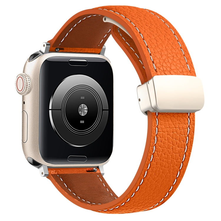 Folding Buckle Genuine Leather Watch Band for Apple Watch Ultra 49mm / Series 8&7 45mm / SE 2&6&SE&5&4 44mm / 3&2&1 42mm(Orange) by bashfashion