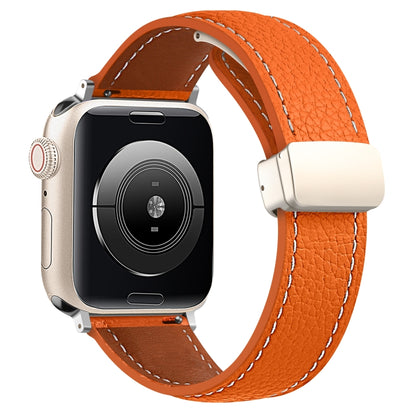 Folding Buckle Genuine Leather Watch Band for Apple Watch Ultra 49mm / Series 8&7 45mm / SE 2&6&SE&5&4 44mm / 3&2&1 42mm(Orange) by bashfashion