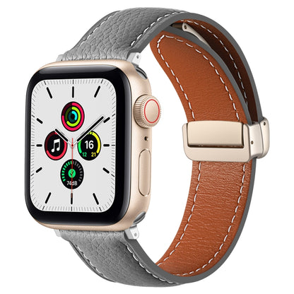 Folding Buckle Genuine Leather Watch Band for Apple Watch Ultra 49mm / Series 8&7 45mm / SE 2&6&SE&5&4 44mm / 3&2&1 42mm(Nebula Ash) by bashfashion