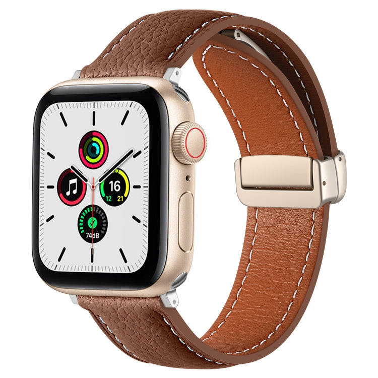Folding Buckle Genuine Leather Watch Band for Apple Watch Ultra 49mm / Series 8&7 45mm / SE 2&6&SE&5&4 44mm / 3&2&1 42mm(Brown) by bashfashion