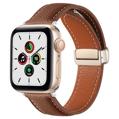 Folding Buckle Genuine Leather Watch Band for Apple Watch Ultra 49mm / Series 8&7 45mm / SE 2&6&SE&5&4 44mm / 3&2&1 42mm(Brown) by bashfashion
