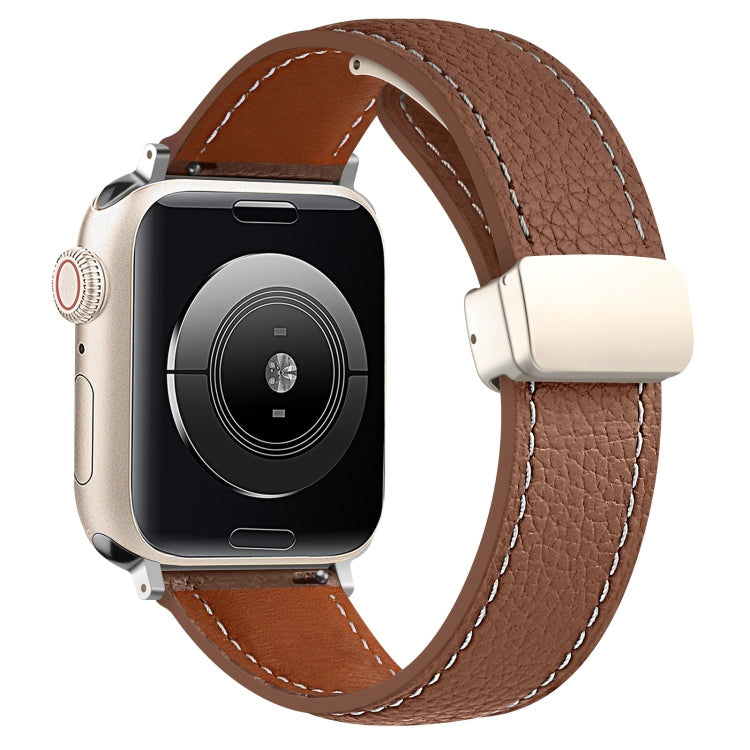 Folding Buckle Genuine Leather Watch Band for Apple Watch Ultra 49mm / Series 8&7 45mm / SE 2&6&SE&5&4 44mm / 3&2&1 42mm(Brown) by bashfashion