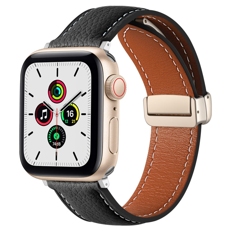 Folding Buckle Genuine Leather Watch Band for Apple Watch Ultra 49mm / Series 8&7 45mm / SE 2&6&SE&5&4 44mm / 3&2&1 42mm(Black) by bashfashion