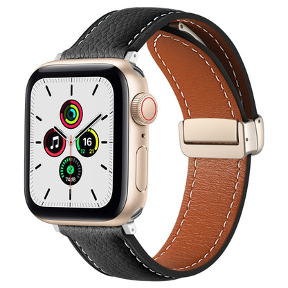 Folding Buckle Genuine Leather Watch Band for Apple Watch Ultra 49mm / Series 8&7 45mm / SE 2&6&SE&5&4 44mm / 3&2&1 42mm(Black) by bashfashion