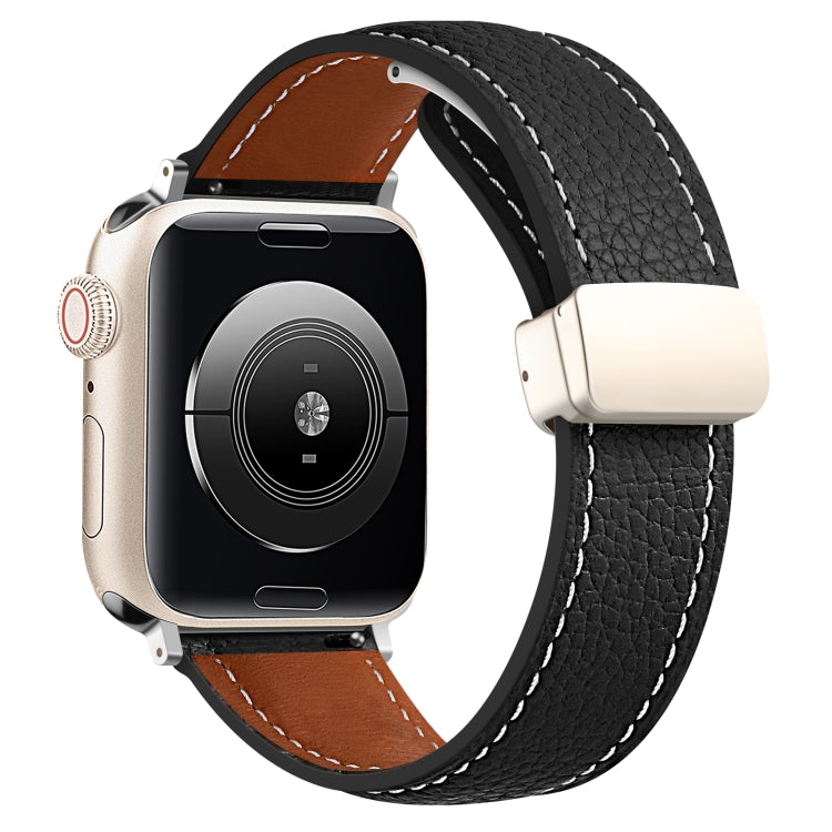 Folding Buckle Genuine Leather Watch Band for Apple Watch Ultra 49mm / Series 8&7 45mm / SE 2&6&SE&5&4 44mm / 3&2&1 42mm(Black) by bashfashion