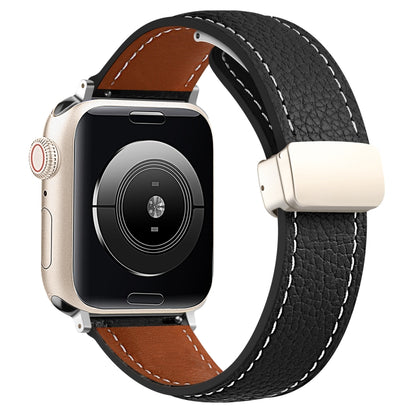 Folding Buckle Genuine Leather Watch Band for Apple Watch Ultra 49mm / Series 8&7 45mm / SE 2&6&SE&5&4 44mm / 3&2&1 42mm(Black) by bashfashion