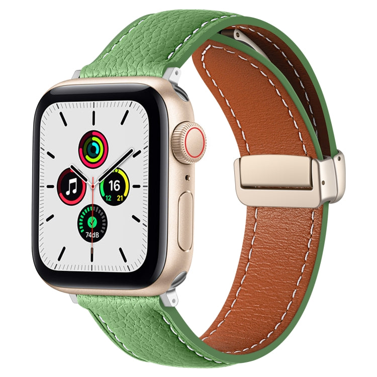 Folding Buckle Genuine Leather Watch Band for Apple Watch Ultra 49mm / Series 8&7 45mm / SE 2&6&SE&5&4 44mm / 3&2&1 42mm(Green) by bashfashion