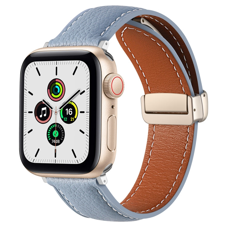 Folding Buckle Genuine Leather Watch Band for Apple Watch Ultra 49mm / Series 8&7 45mm / SE 2&6&SE&5&4 44mm / 3&2&1 42mm(Sky Cloud Blue) by bashfashion