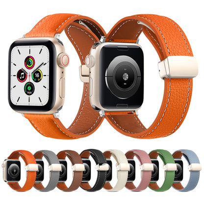 Folding Buckle Genuine Leather Watch Band for Apple Watch Ultra 49mm / Series 8&7 45mm / SE 2&6&SE&5&4 44mm / 3&2&1 42mm(Orange) by bashfashion