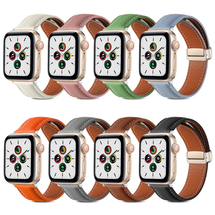 Folding Buckle Genuine Leather Watch Band for Apple Watch Ultra 49mm / Series 8&7 45mm / SE 2&6&SE&5&4 44mm / 3&2&1 42mm(Beige) by bashfashion