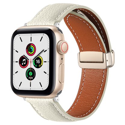 Folding Buckle Genuine Leather Watch Band for Apple Watch Series 8&7 41mm / SE 2&6&SE&5&4 40mm / 3&2&1 38mm(Beige) by bashfashion