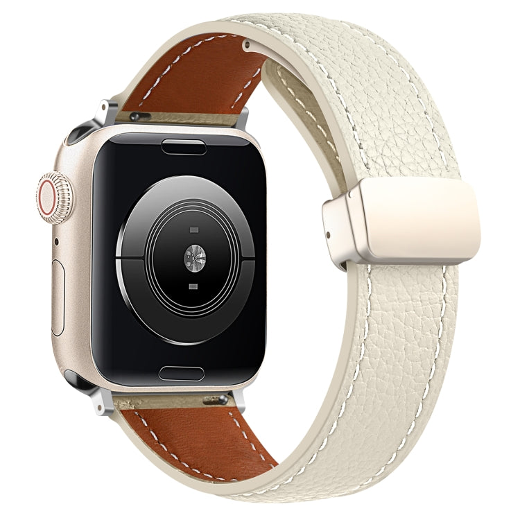 Folding Buckle Genuine Leather Watch Band for Apple Watch Series 8&7 41mm / SE 2&6&SE&5&4 40mm / 3&2&1 38mm(Beige) by bashfashion