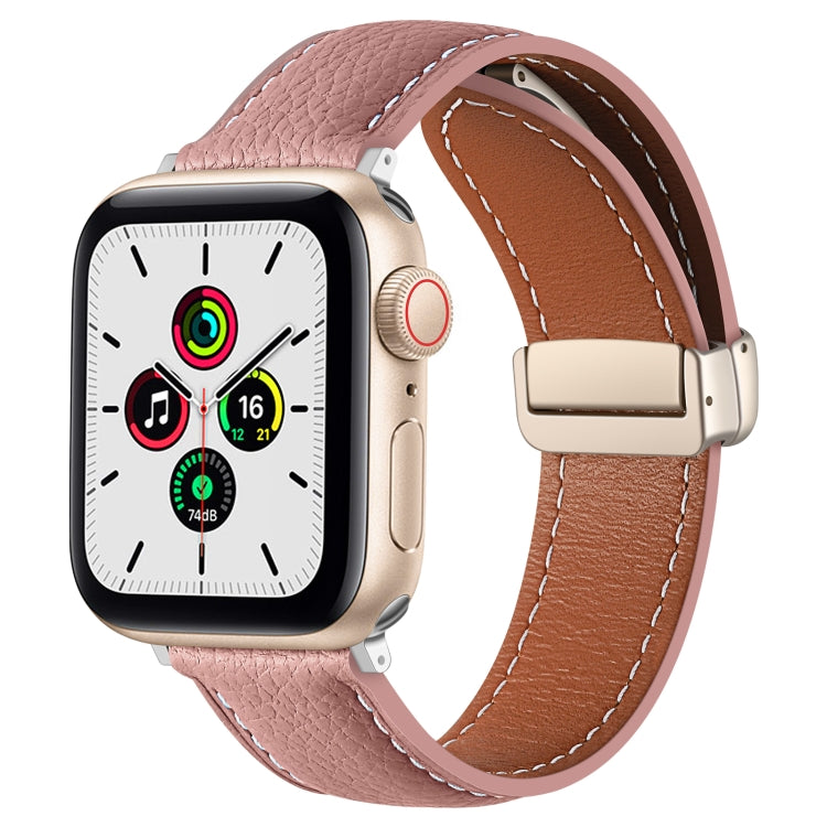 Folding Buckle Genuine Leather Watch Band for Apple Watch Series 8&7 41mm / SE 2&6&SE&5&4 40mm / 3&2&1 38mm(Dark Pink) by bashfashion